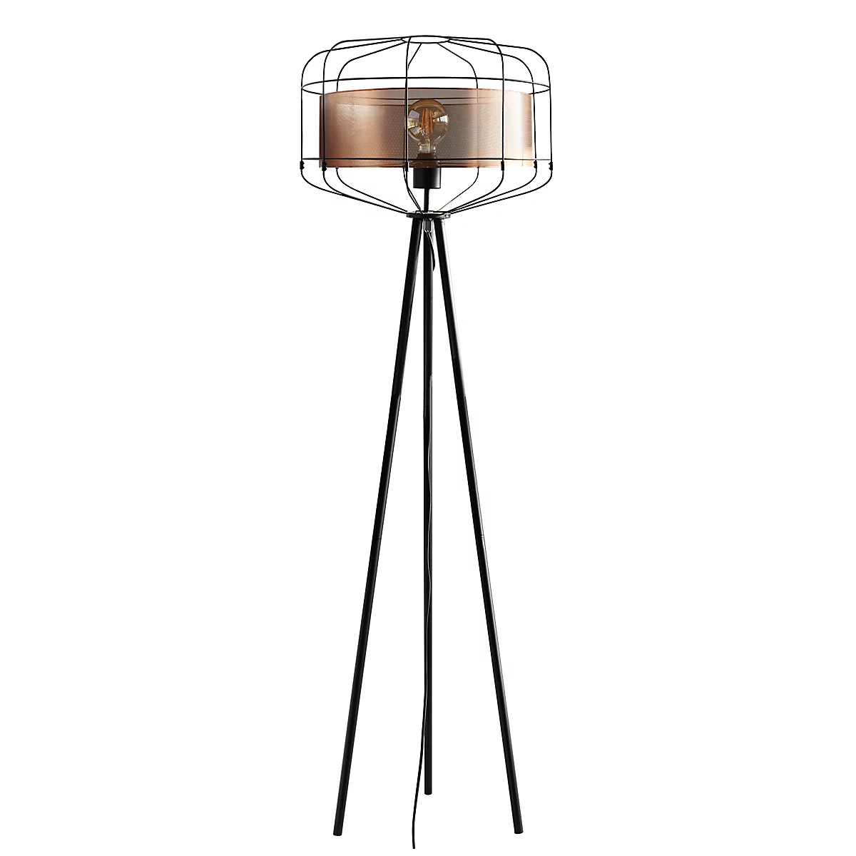 Schwarzbeinige Stehlampe mit Käfigschirm, Bronzefarbenem Innenleben und Glühbirne, vor weißem Hintergrund.