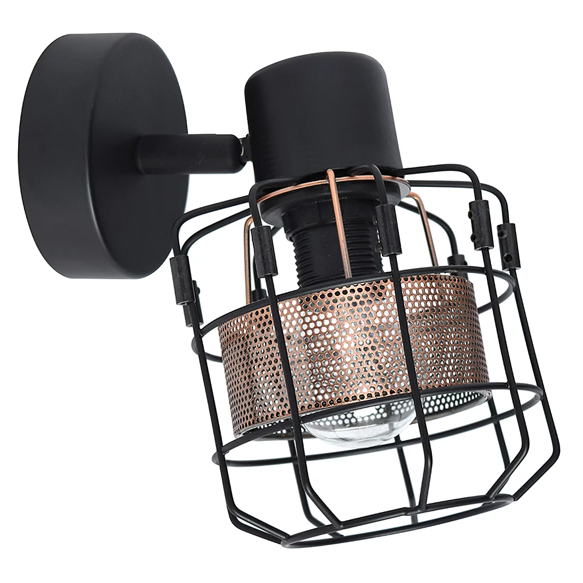 Zwarte wandlamp met draadkooi, koperen details en gebogen glas.