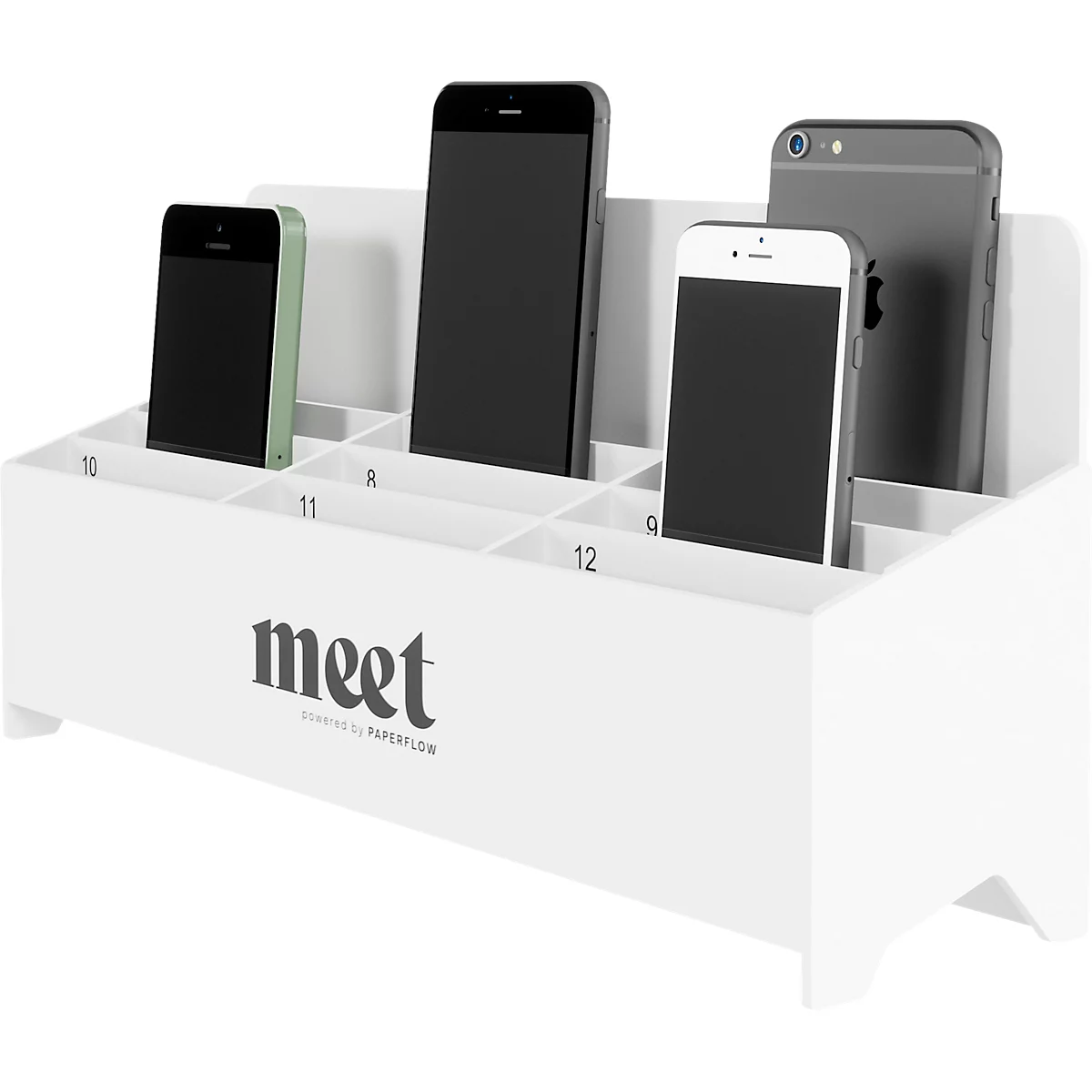 Witte telefoon organizer met meerdere smartphones. Zwarte schermen contrasteren met het witte oppervlak. Tekst luidt: meet.
