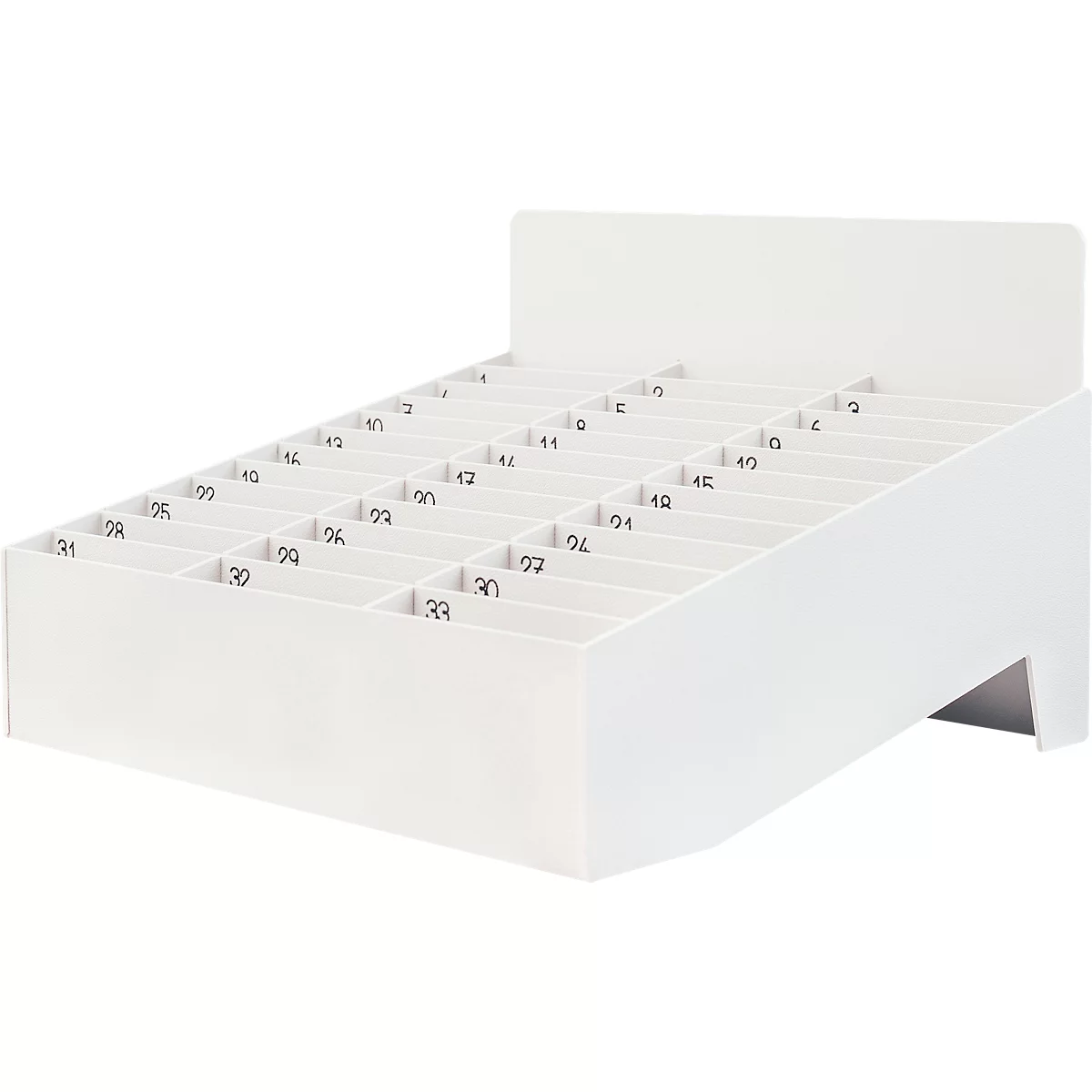 Witte schuine displaystandaard met genummerde vakken. Geschikt voor organisatie en presentatie.