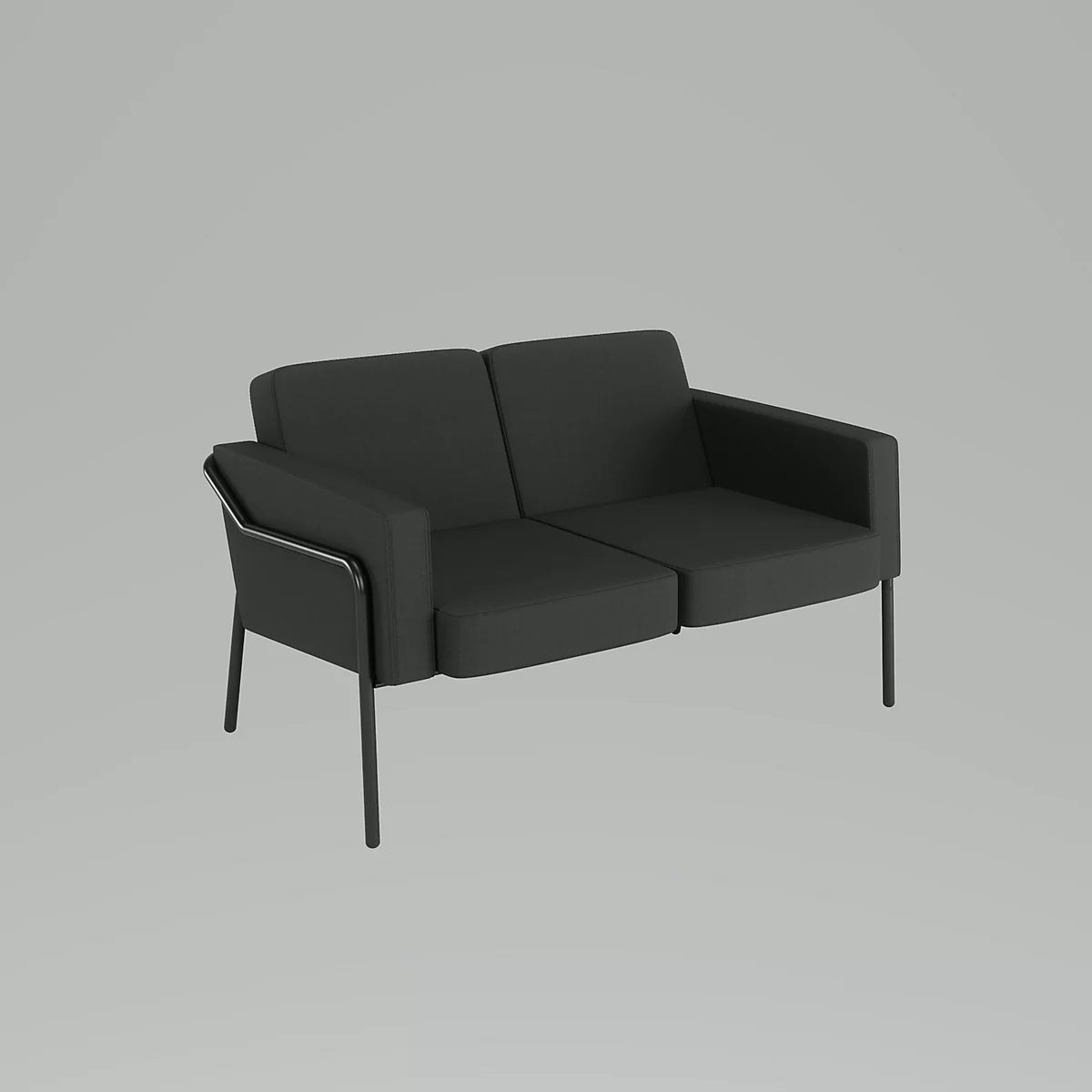 Ein schwarzes Zweisitzer-Sofa, vor grauem Hintergrund. Das Gestell ist Metallfarben, die Sitzfläche ist aus Stoff.