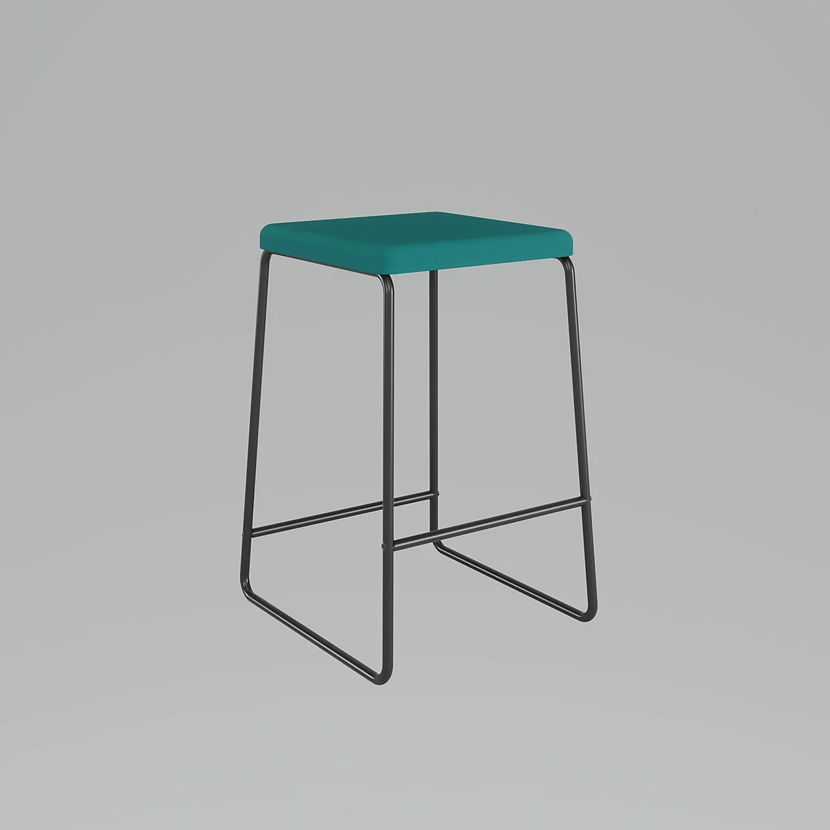 Hocker mit tealfarbener Sitzfläche und schwarzem Metallgestell, vor grauem Hintergrund.