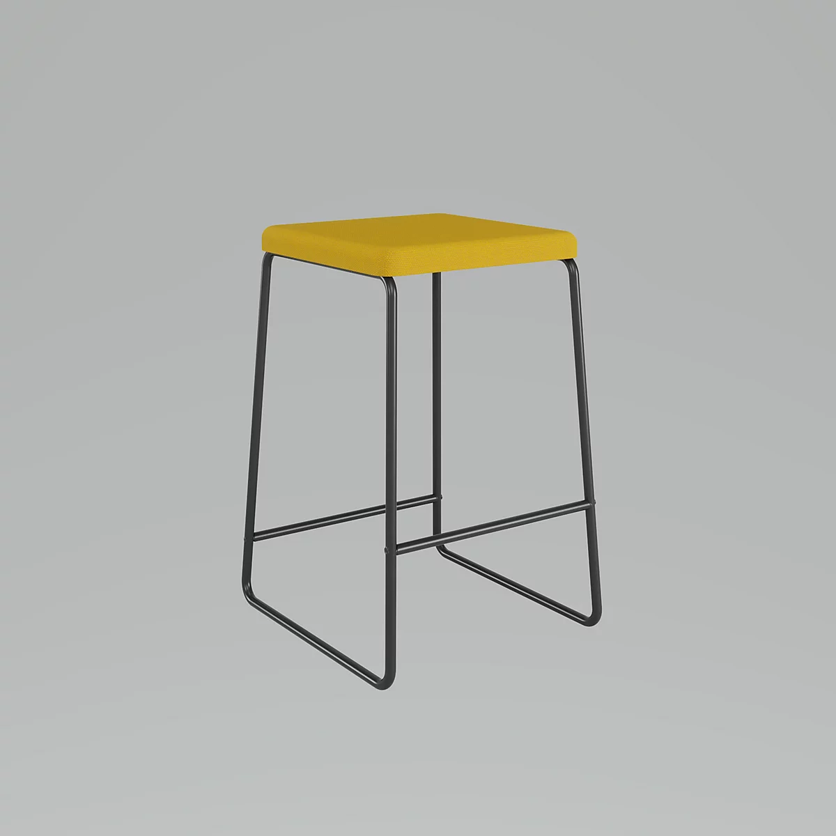 Ein Barhocker mit gelber Sitzfläche und schwarzem Metallgestell, vor grauem Hintergrund.