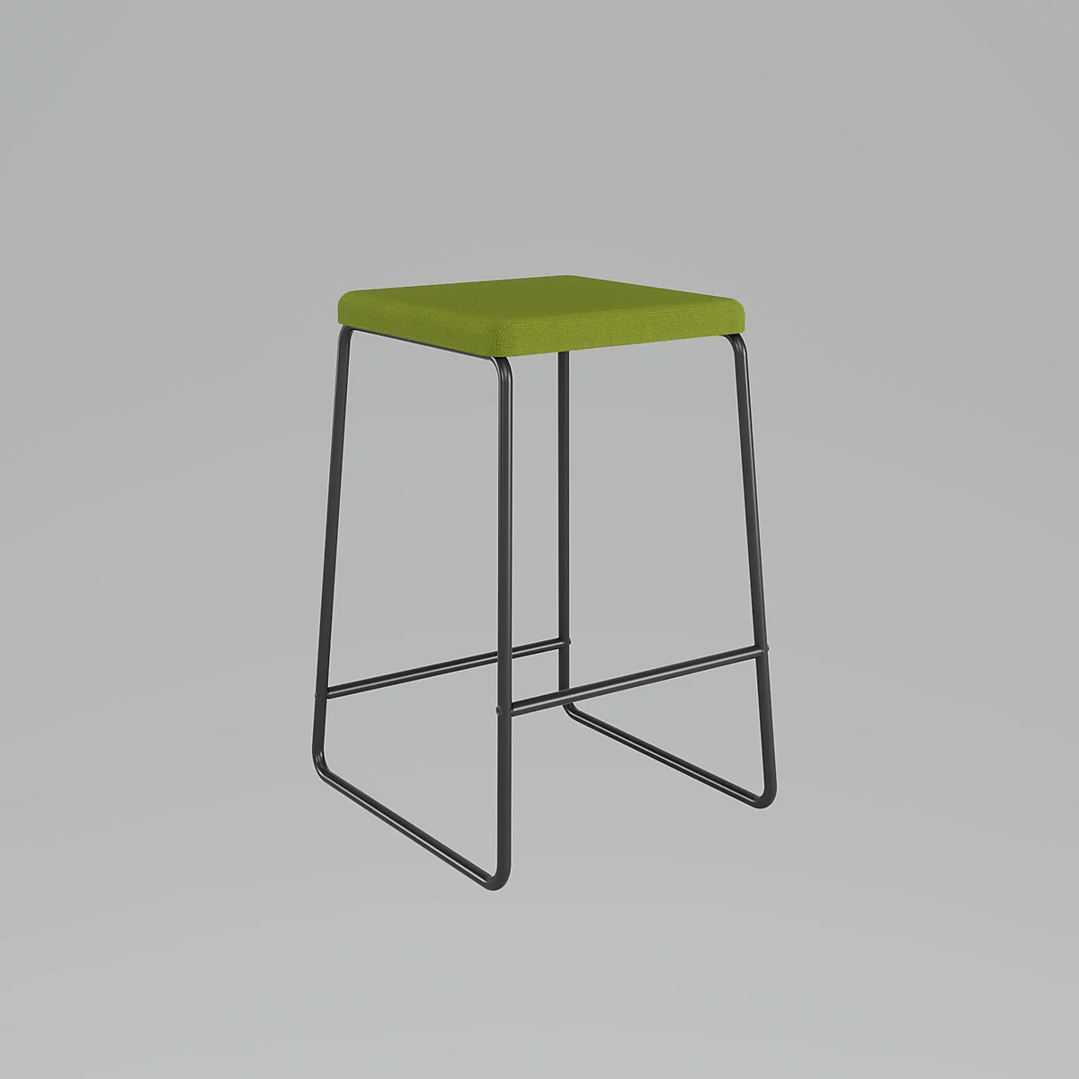 Ein Barhocker mit grüner Sitzfläche und schwarzen Metallbeinen, vor grauem Hintergrund.