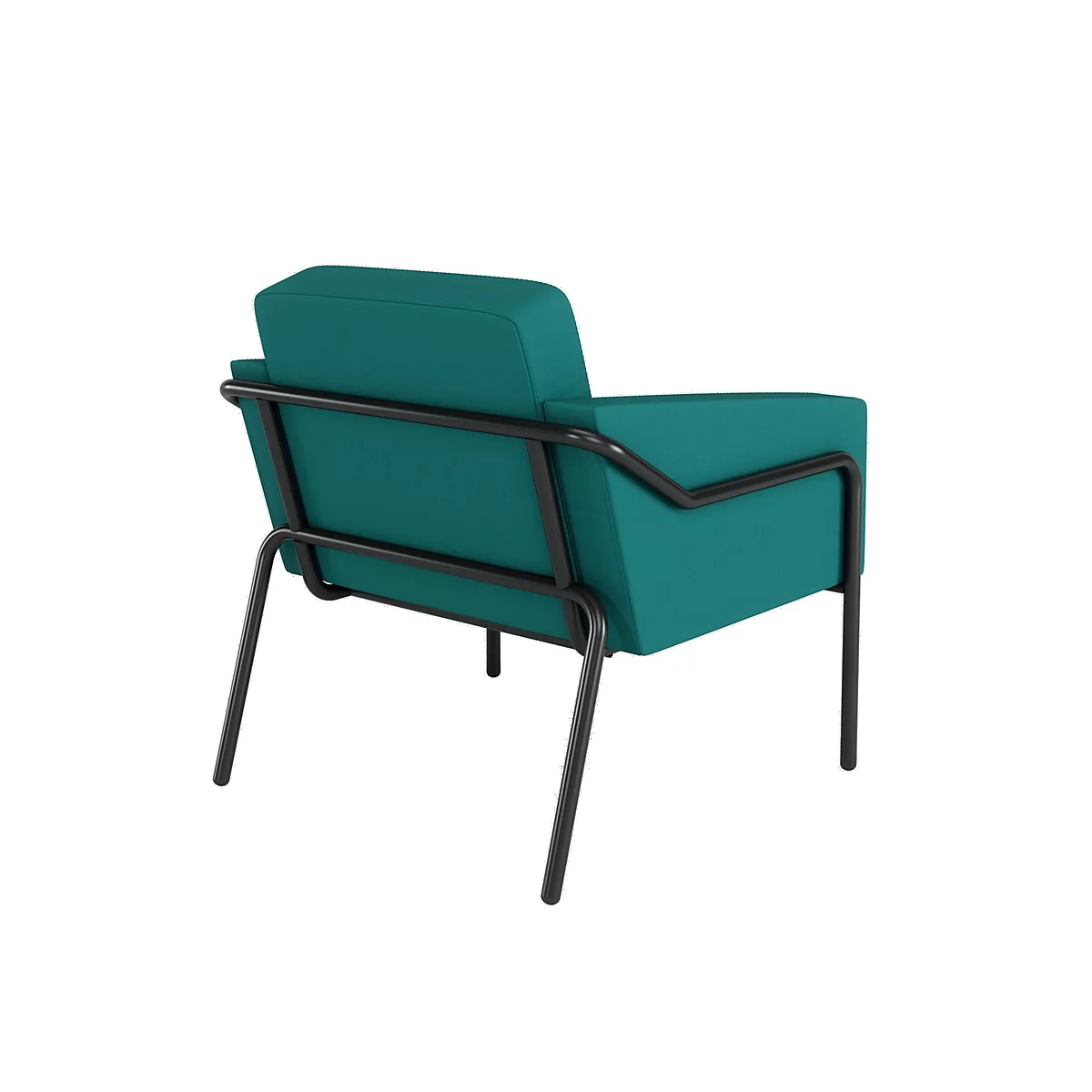 Türkisfarbener Sessel mit schwarzem Metallgestell, von hinten gesehen.