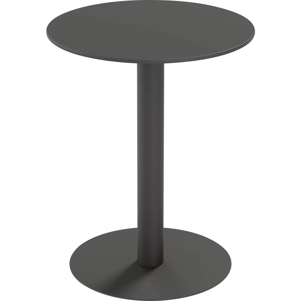 Runder, dunkelgrauer Stehtisch mit einer runden Basis und einer zentralen Säule vor weißem Hintergrund.
