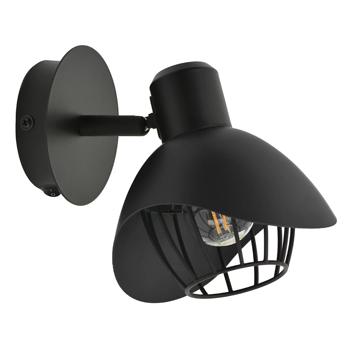 Applique murale noire, composée d'un support rond, d'un bras et d'une tête de lampe avec une grille.