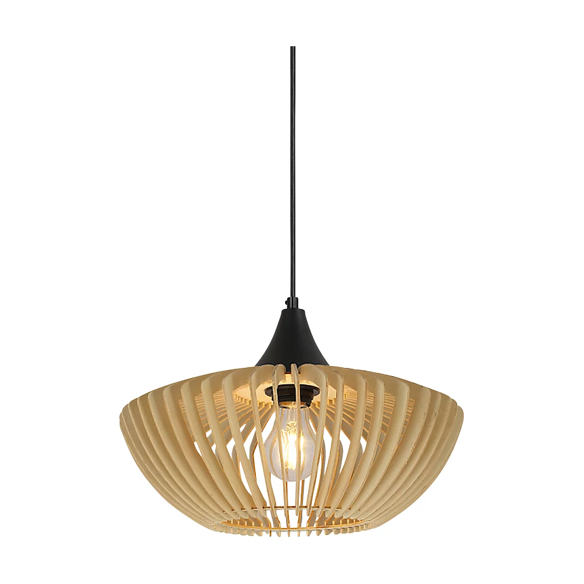 Hanglamp met een licht houten kap, zwarte luifel en fitting, met daaronder een gloeilamp.