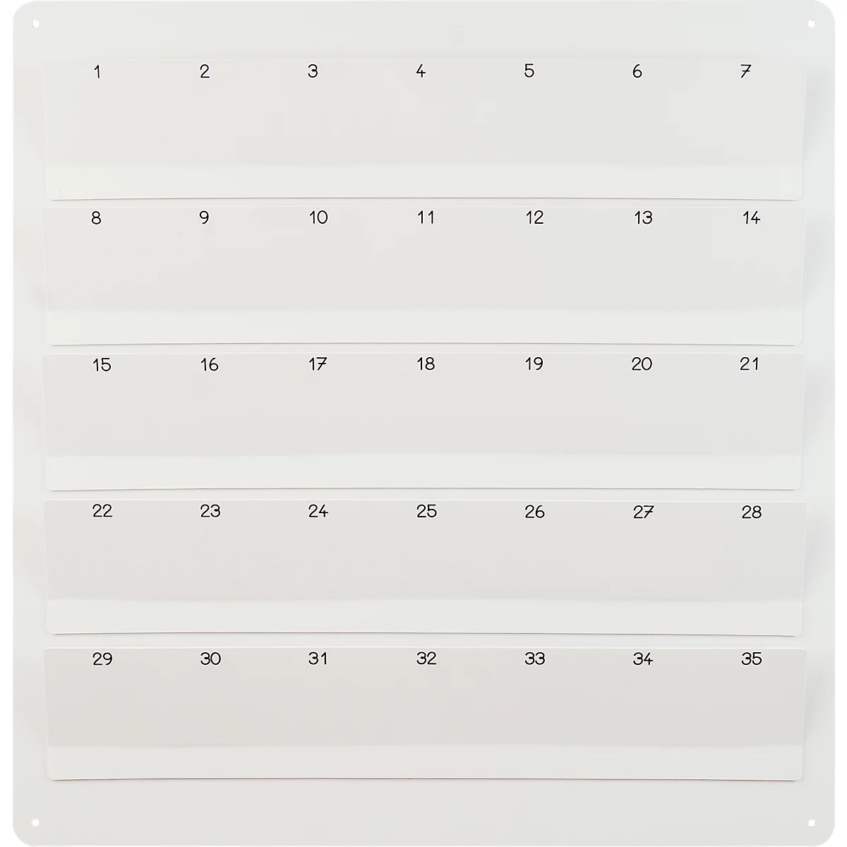 Étagère murale rectangulaire blanche avec 35 compartiments numérotés.