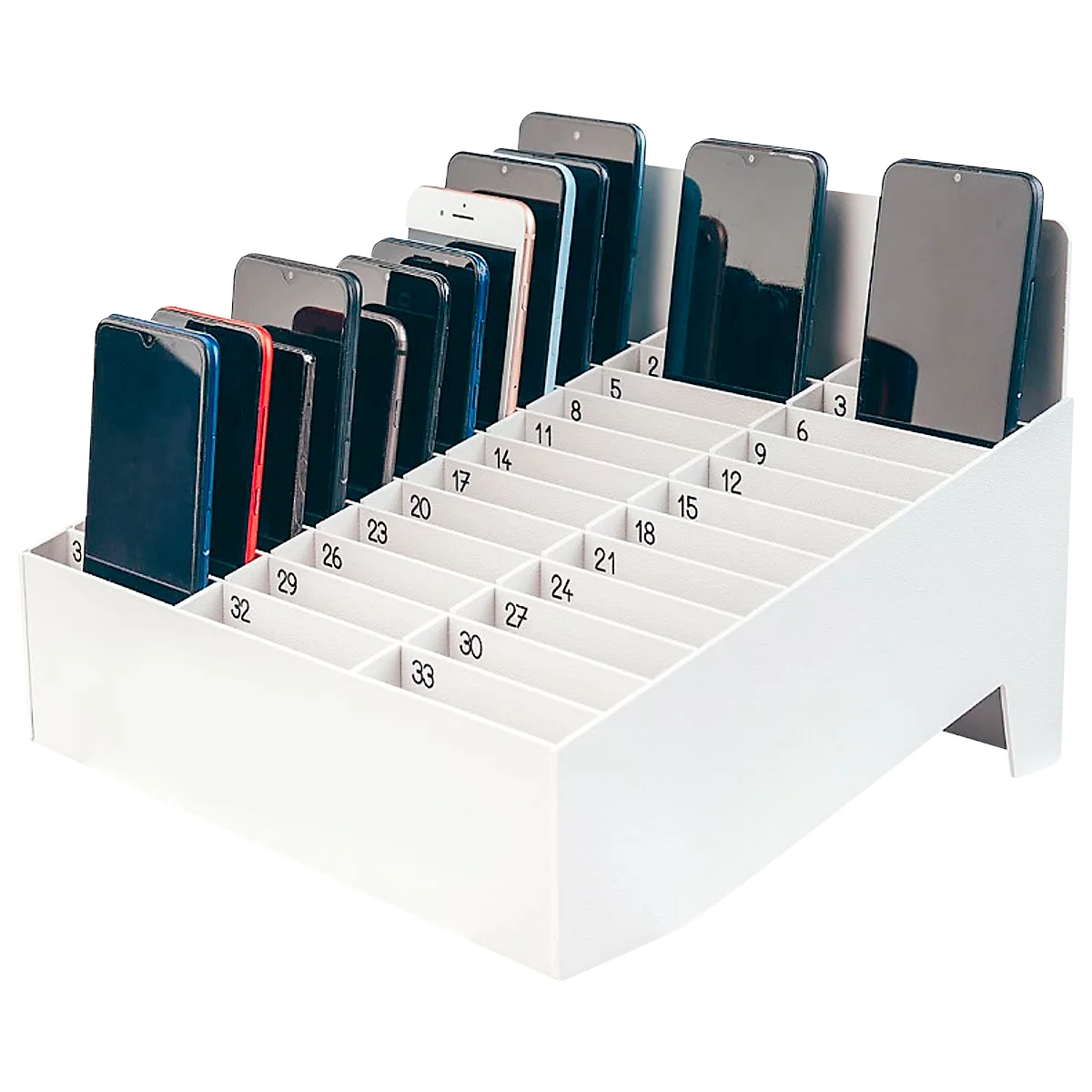 Bac de rangement blanc avec des téléphones portables. Le bac est divisé en plusieurs compartiments numérotés. Les téléphones sont de différentes couleurs.