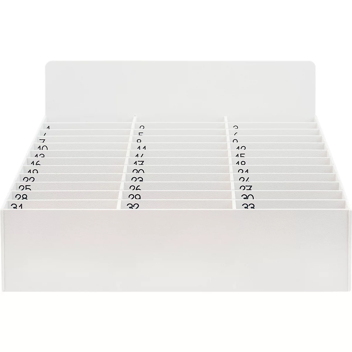 Boîte d'assortiment blanche avec plusieurs compartiments, numérotés.