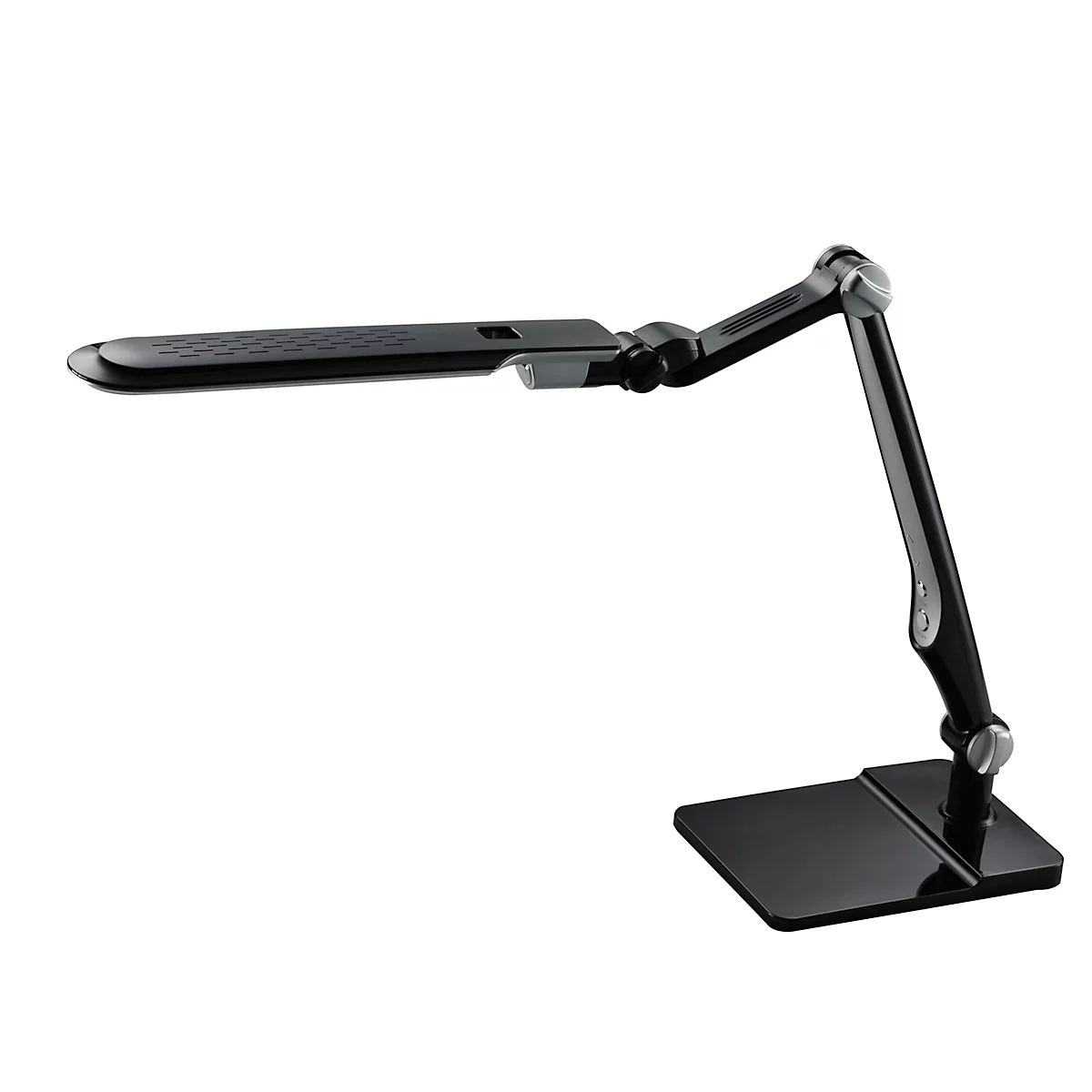 Schwarze Schreibtischlampe mit flexiblem Arm und rechteckigem Fuß.