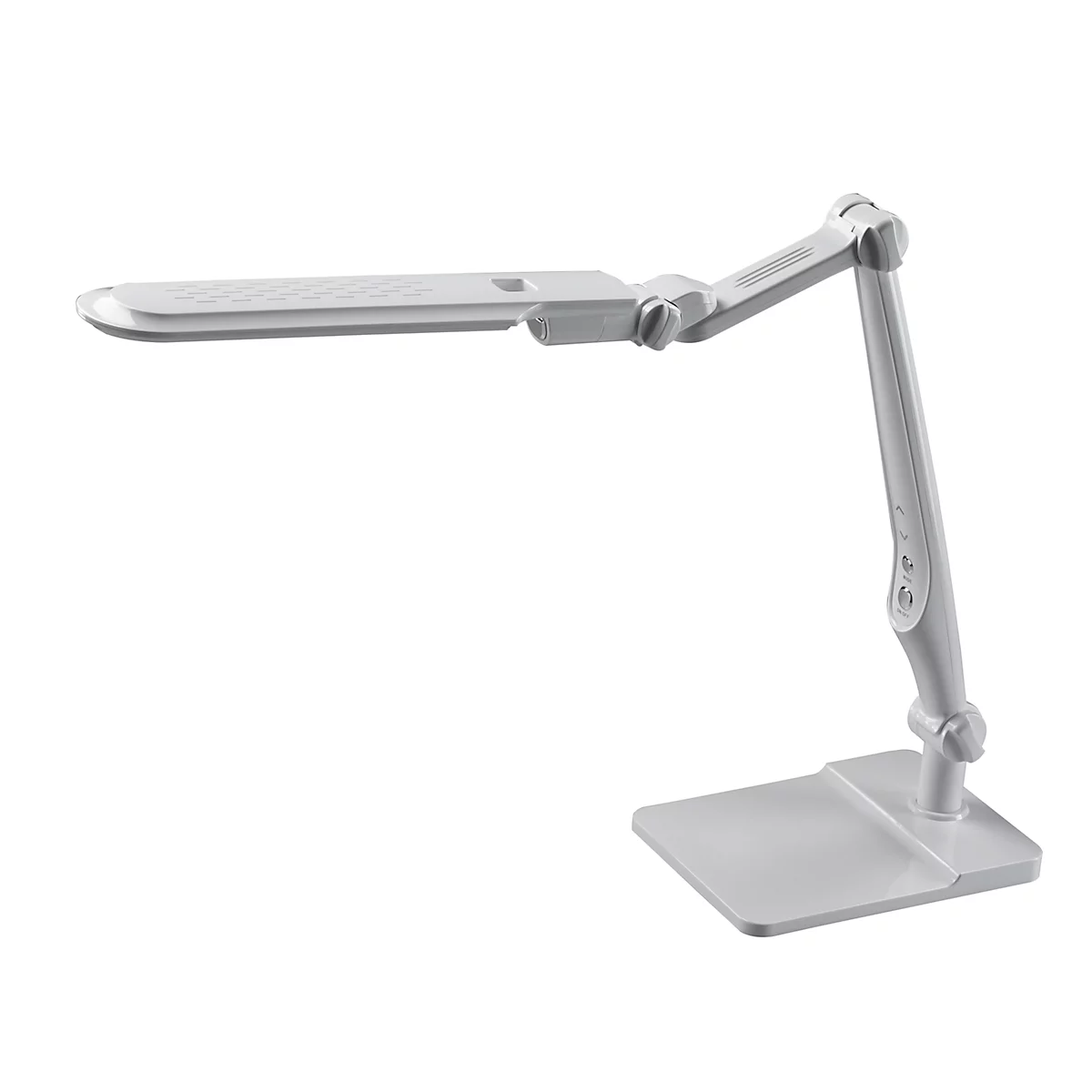 Eine weiße Schreibtischlampe mit verstellbarem Arm. Die Lampe hat einen rechteckigen Leuchtkörper und einen quadratischen Fuß.