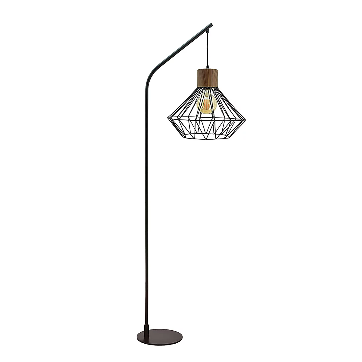 Vloerlamp met zwart metalen frame en diamanten lampenkap. Hout en gloeilamp zijn zichtbaar.