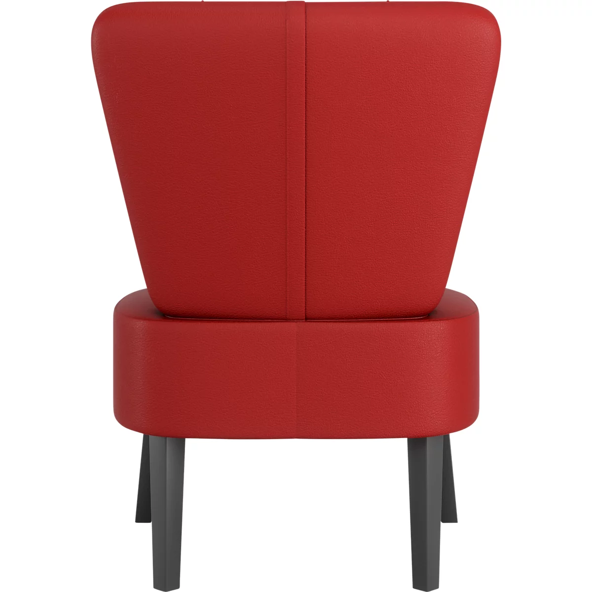 Roter Sessel, Ansicht von hinten, auf grauen Beinen.