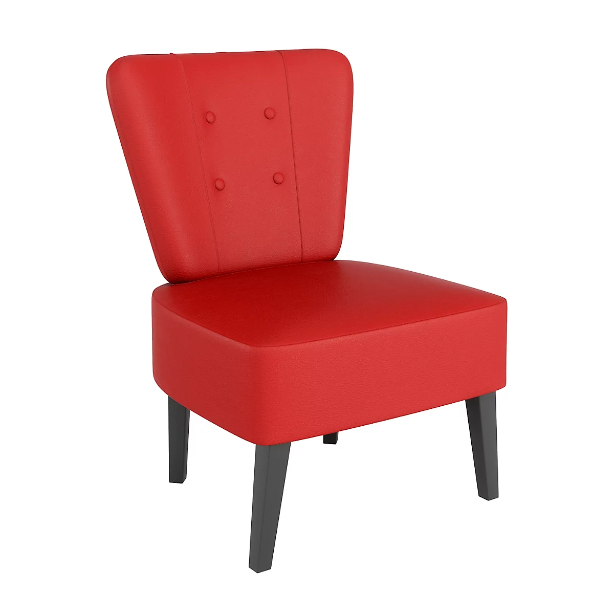 Roter Sessel mit schwarzem Gestell und vier Knöpfen in der Rückenlehne.