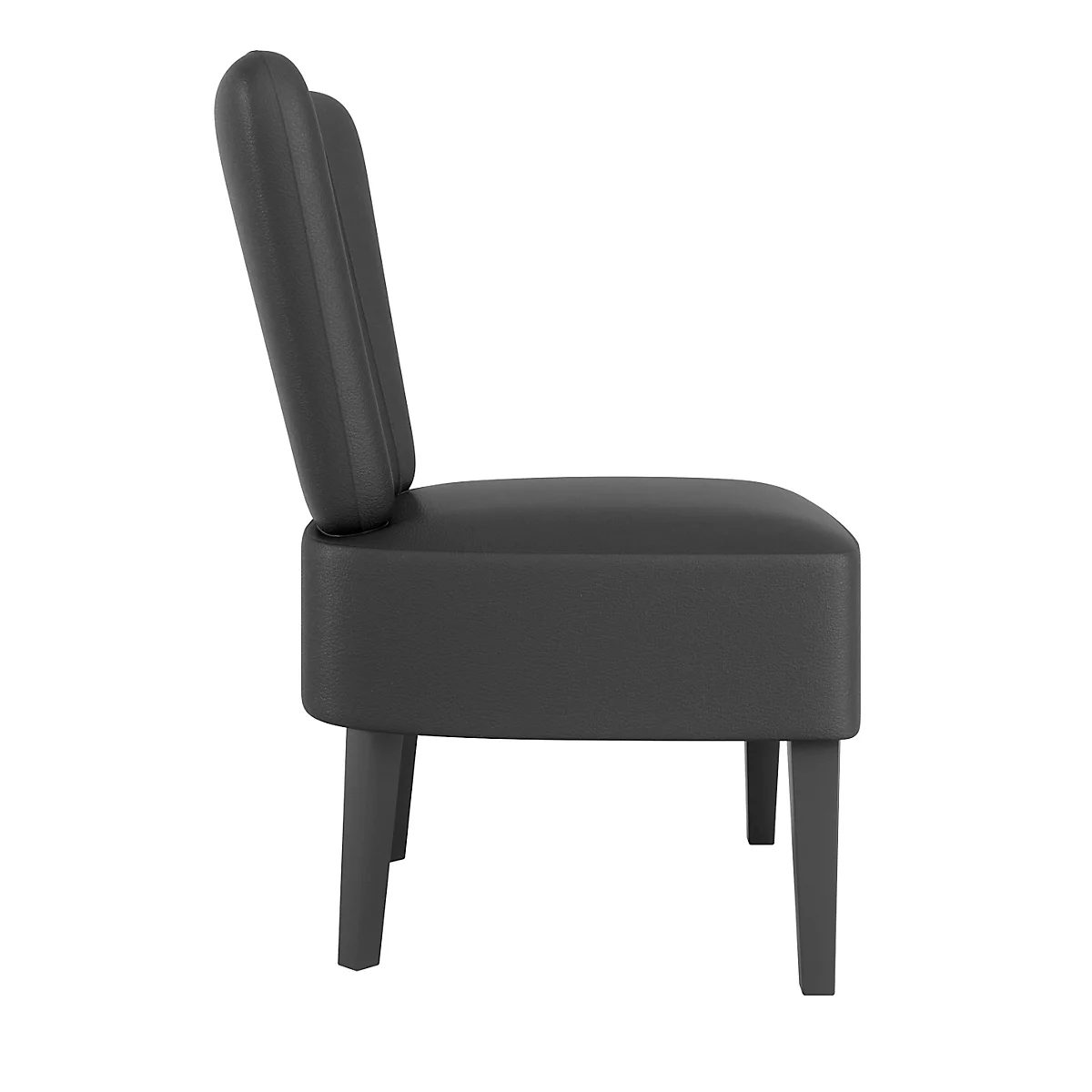 Grauer Sessel mit hoher, leicht geschwungener Rückenlehne und quadratischer Sitzfläche. Das Design wirkt minimalistisch.