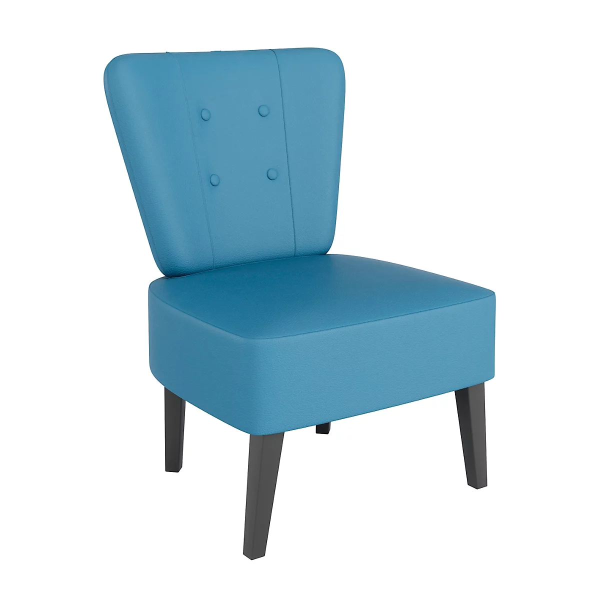 Blauer Sessel mit Rückenlehne und grauen Beinen, drei Knöpfe.