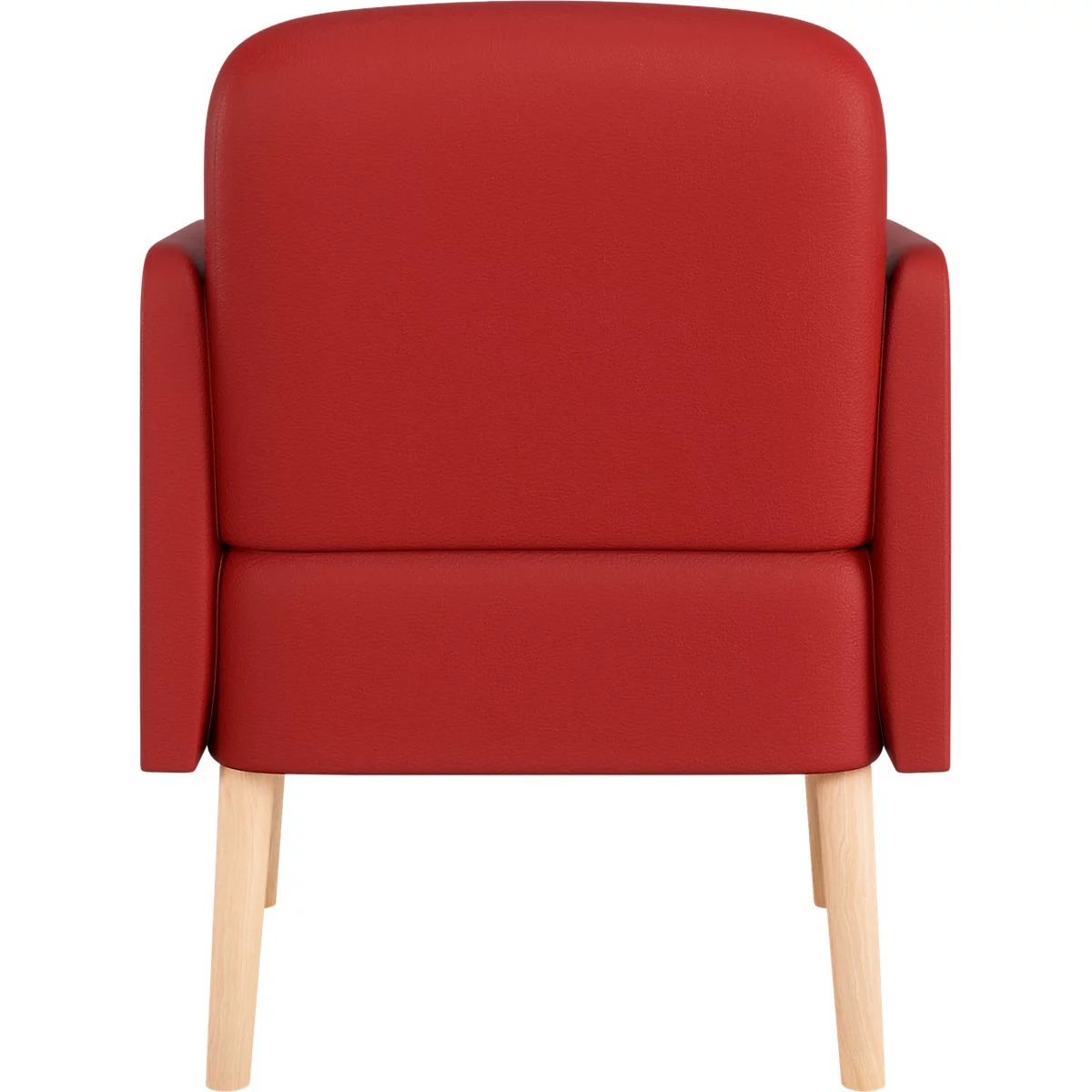 Ein roter Sessel mit hellen Holzbeinen, Frontansicht.
