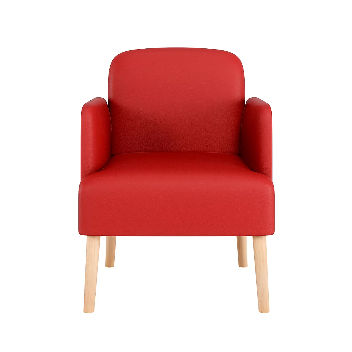 Roter Sessel mit Holzbeinen vor weissem Hintergrund.