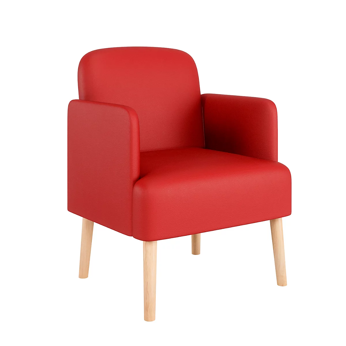 Roter Sessel mit hellen Holzbeinen. Die Armlehnen sind kurz und abgerundet.