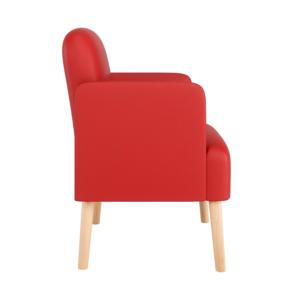Roter Sessel im Profil mit hellen Holzbeinen.