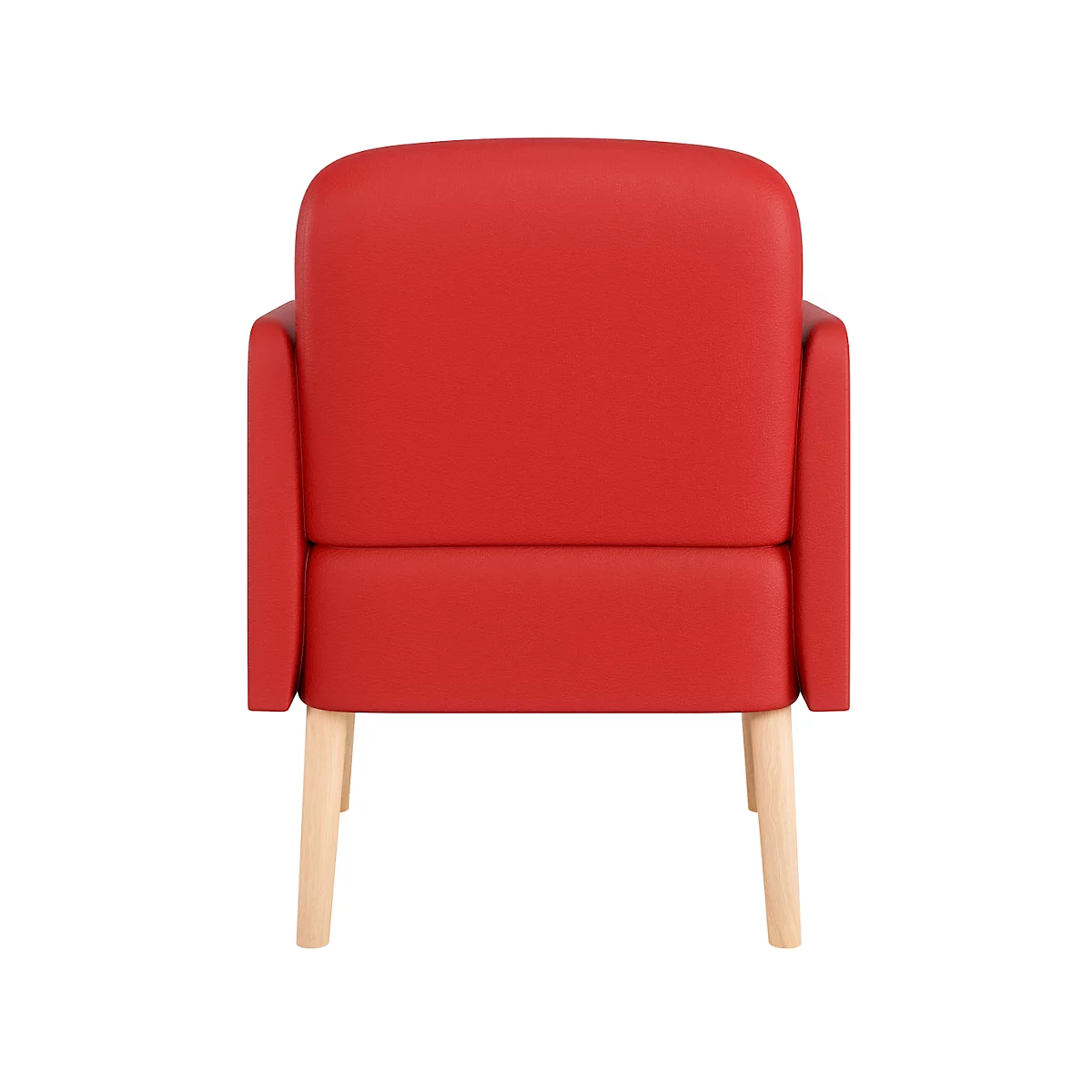 Roter Sessel, Ansicht von hinten. Holzbeine, minimalistisches Design.