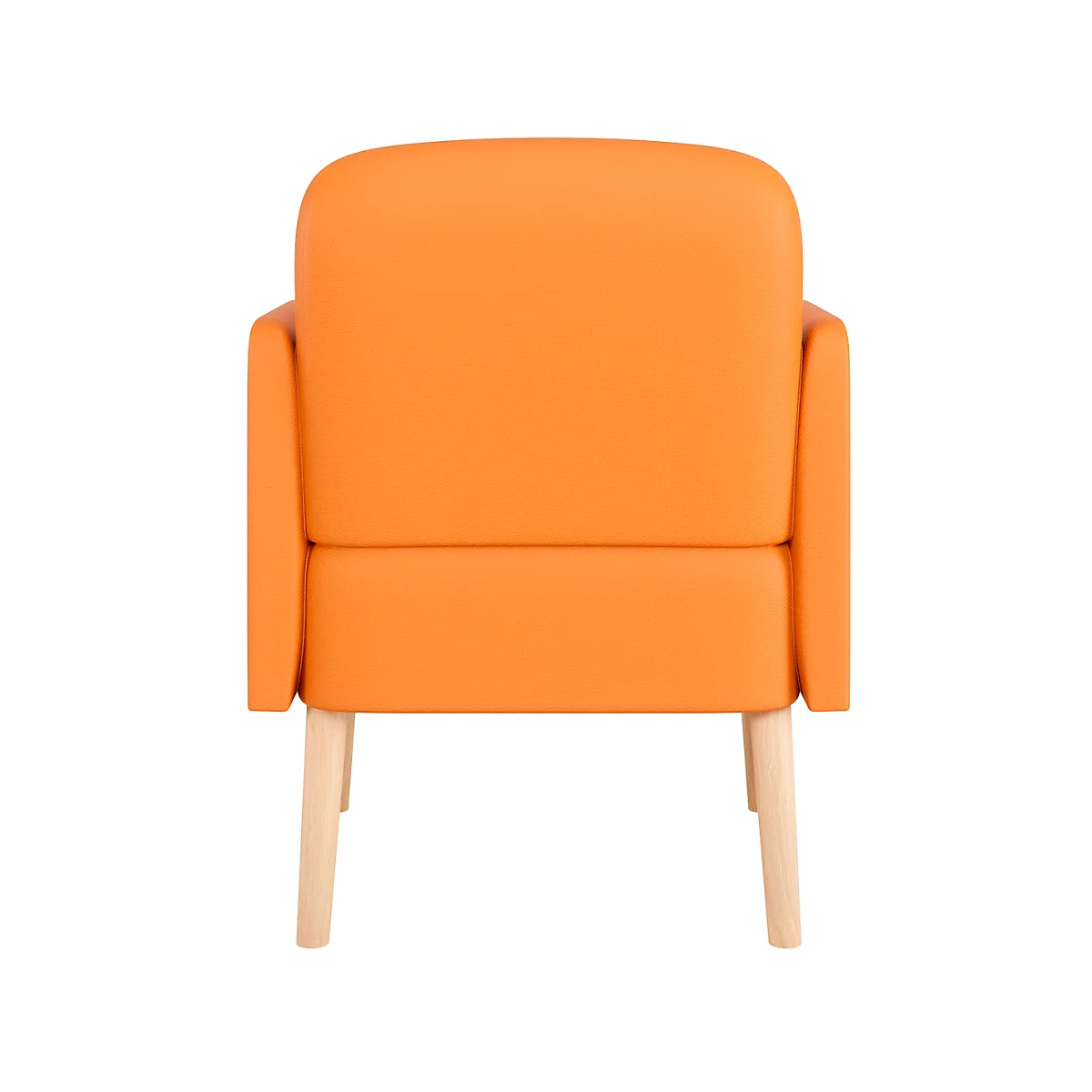 Rückansicht eines orangenen Sessels mit hellen Holzbeinen.