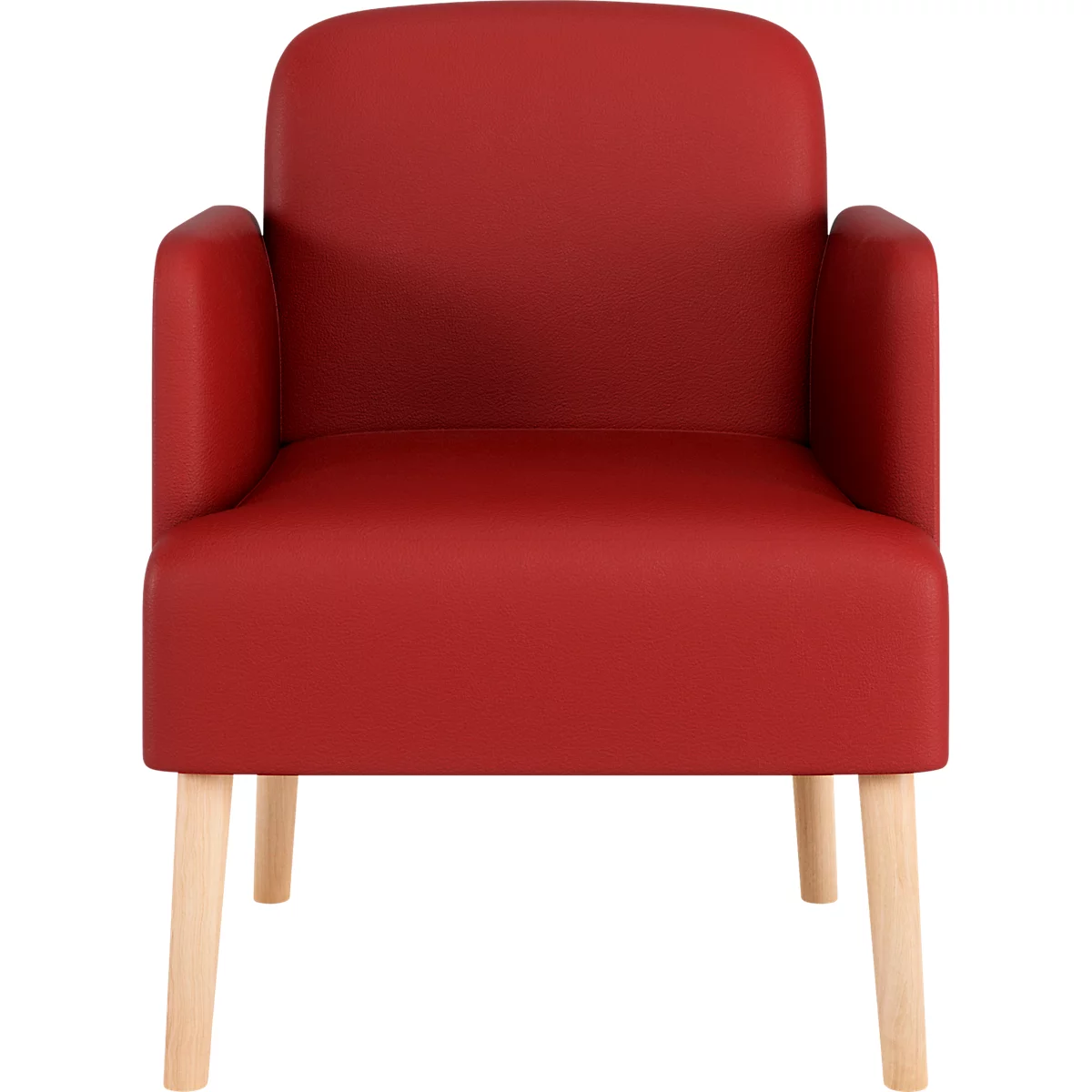 Roter Sessel mit Holzbeinen vor weißem Hintergrund. Der Sessel hat eine breite Rückenlehne, Armlehnen und vier helle Holzbeine.