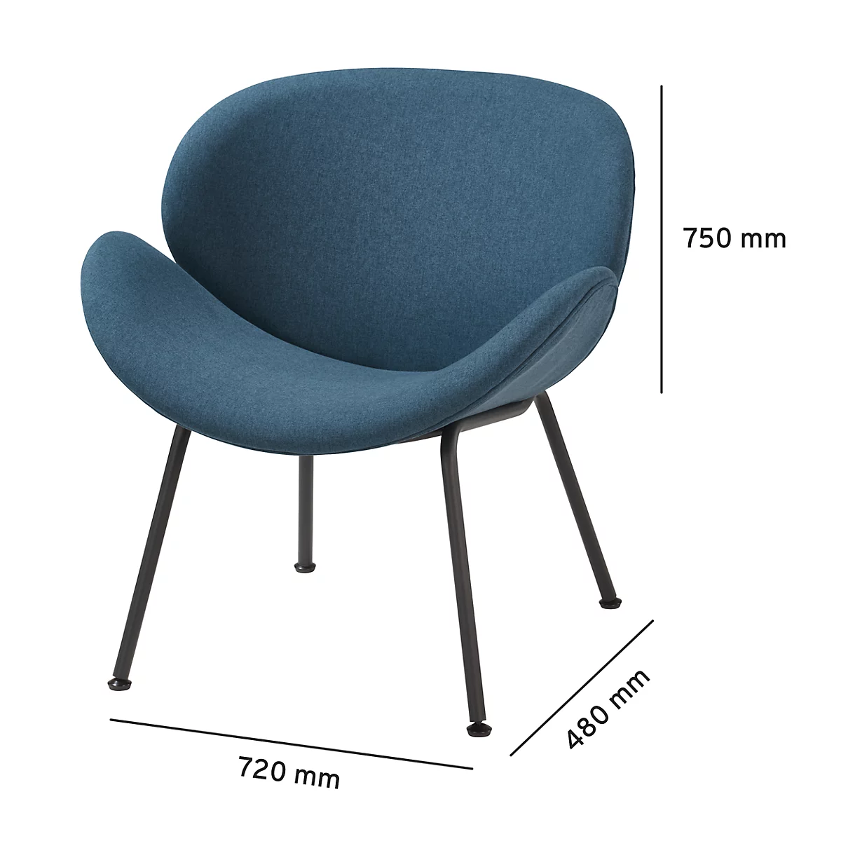 Blauer Sessel mit Metallbeinen. Masse: 750 mm hoch, 720 mm breit, 480 mm tief.