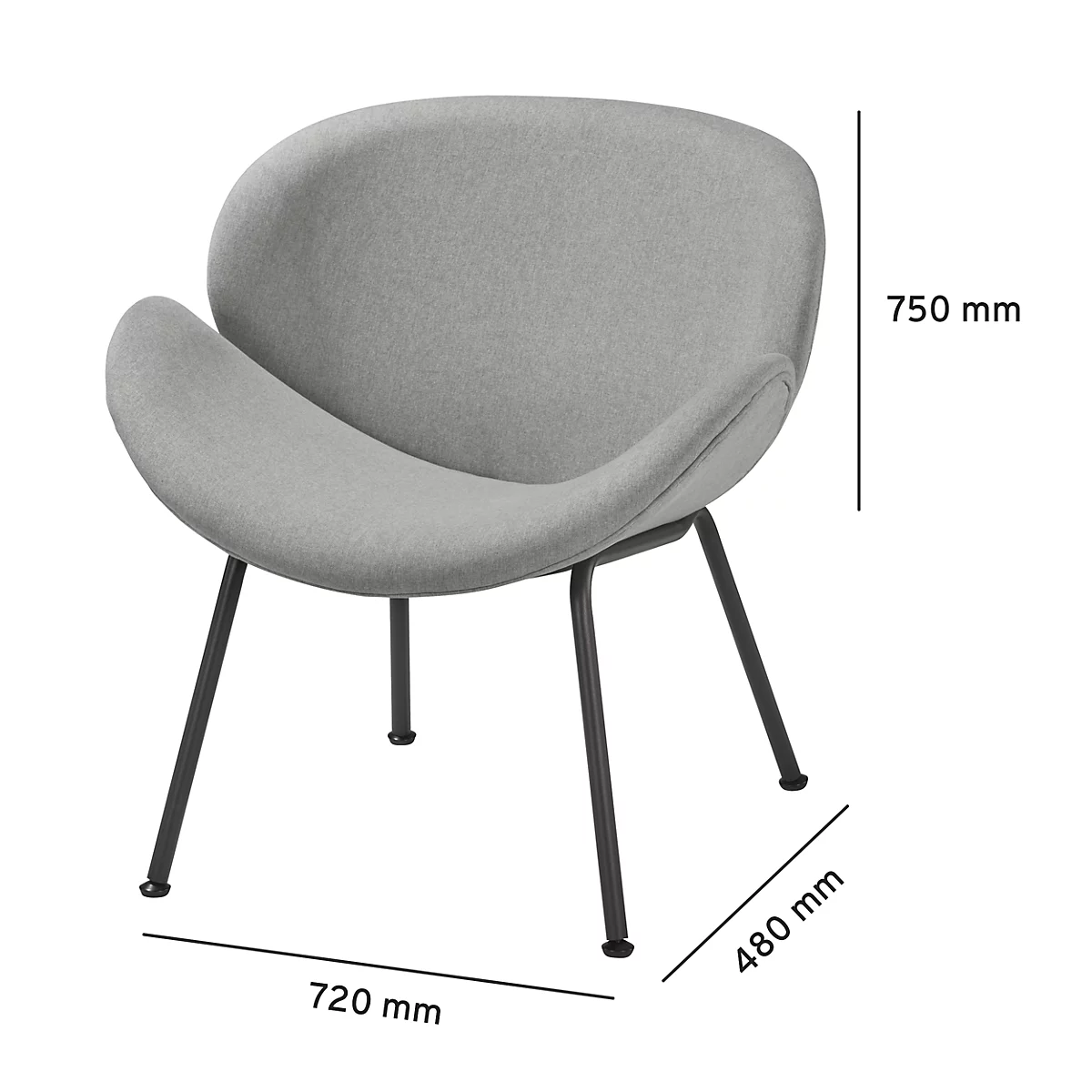 Grauer Sessel mit schwarzen Metallbeinen. Masse: 720 x 480 x 750 mm.