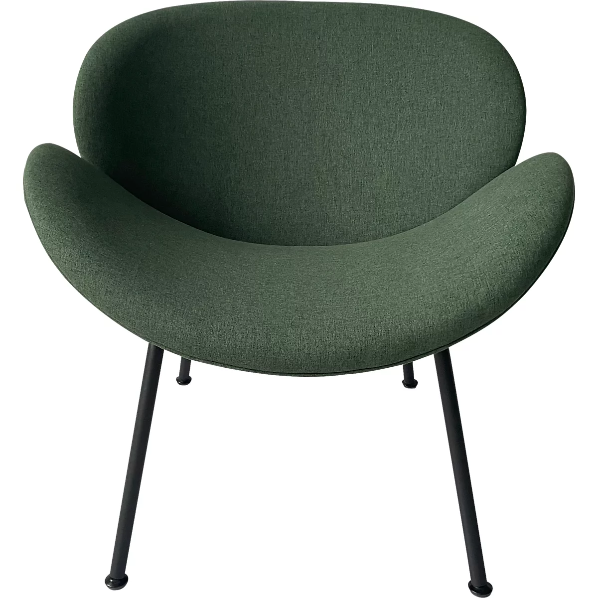 Grüner Sessel mit geschwungenen Formen und schwarzen Metallbeinen.