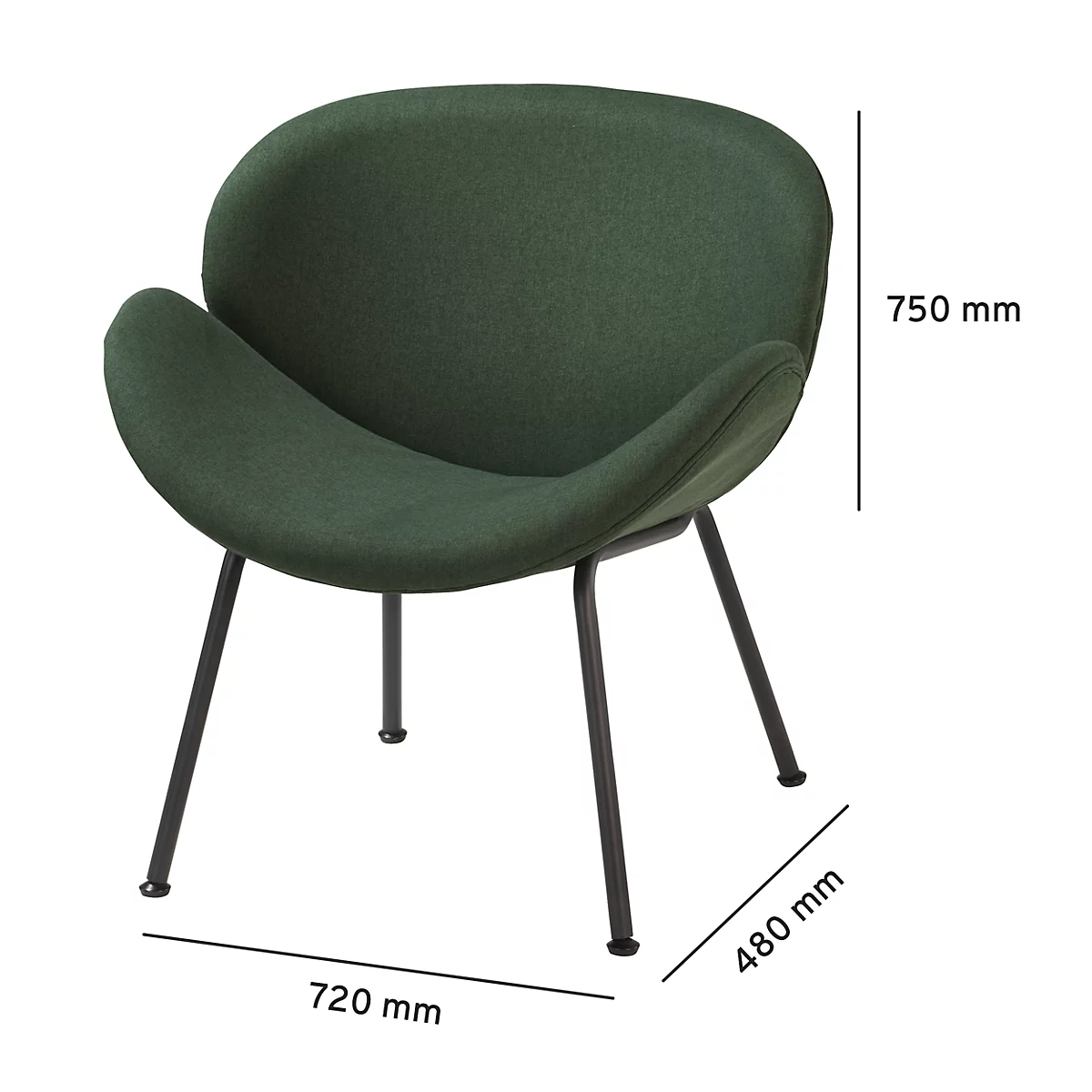 Grüner Stuhl mit schwarzem Gestell. Masse: 720x480x750 mm.