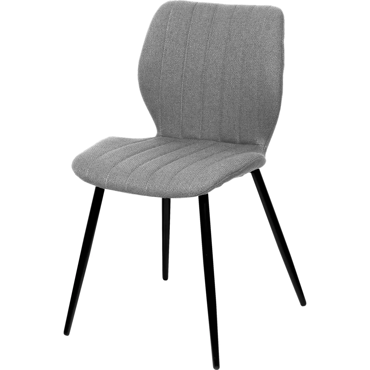 Chaise grise avec revêtement en tissu et pieds noirs. Dossier et assise sont rembourrés.