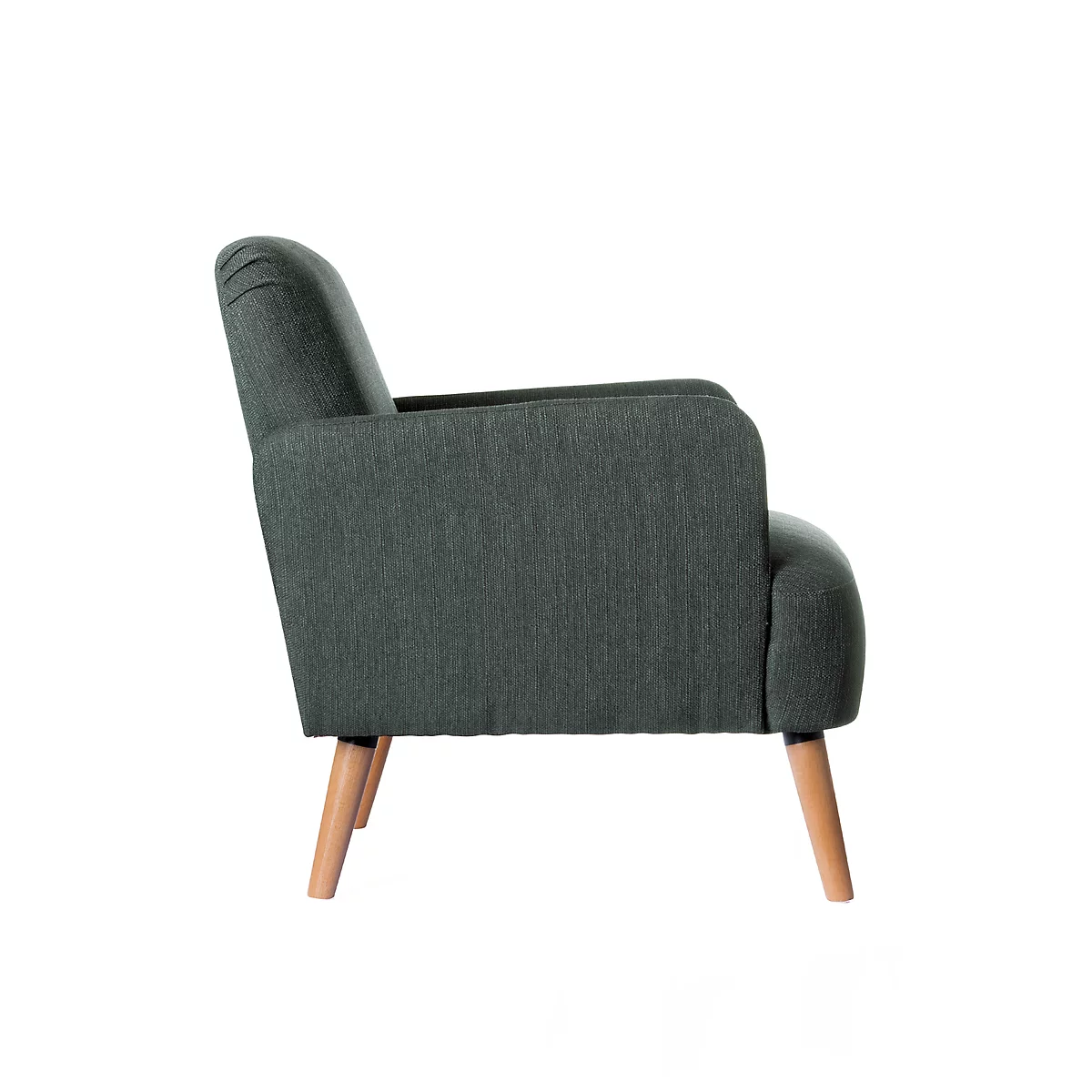 Un sillón gris oscuro de perfil, con patas y reposabrazos de madera clara.