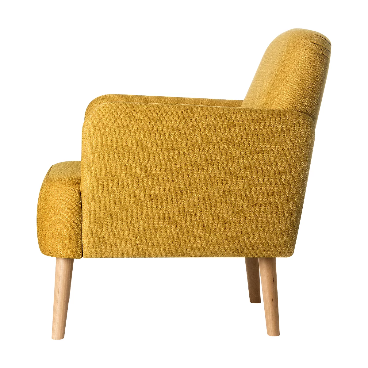 Sillón amarillo de perfil. Tapicería de tela amarillo claro, patas de madera. Diseño acogedor.