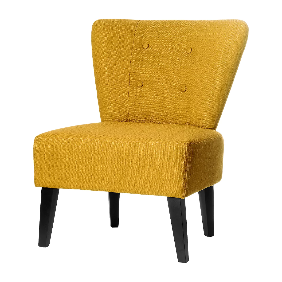 Sillón amarillo con patas negras. El respaldo tiene tres botones.
