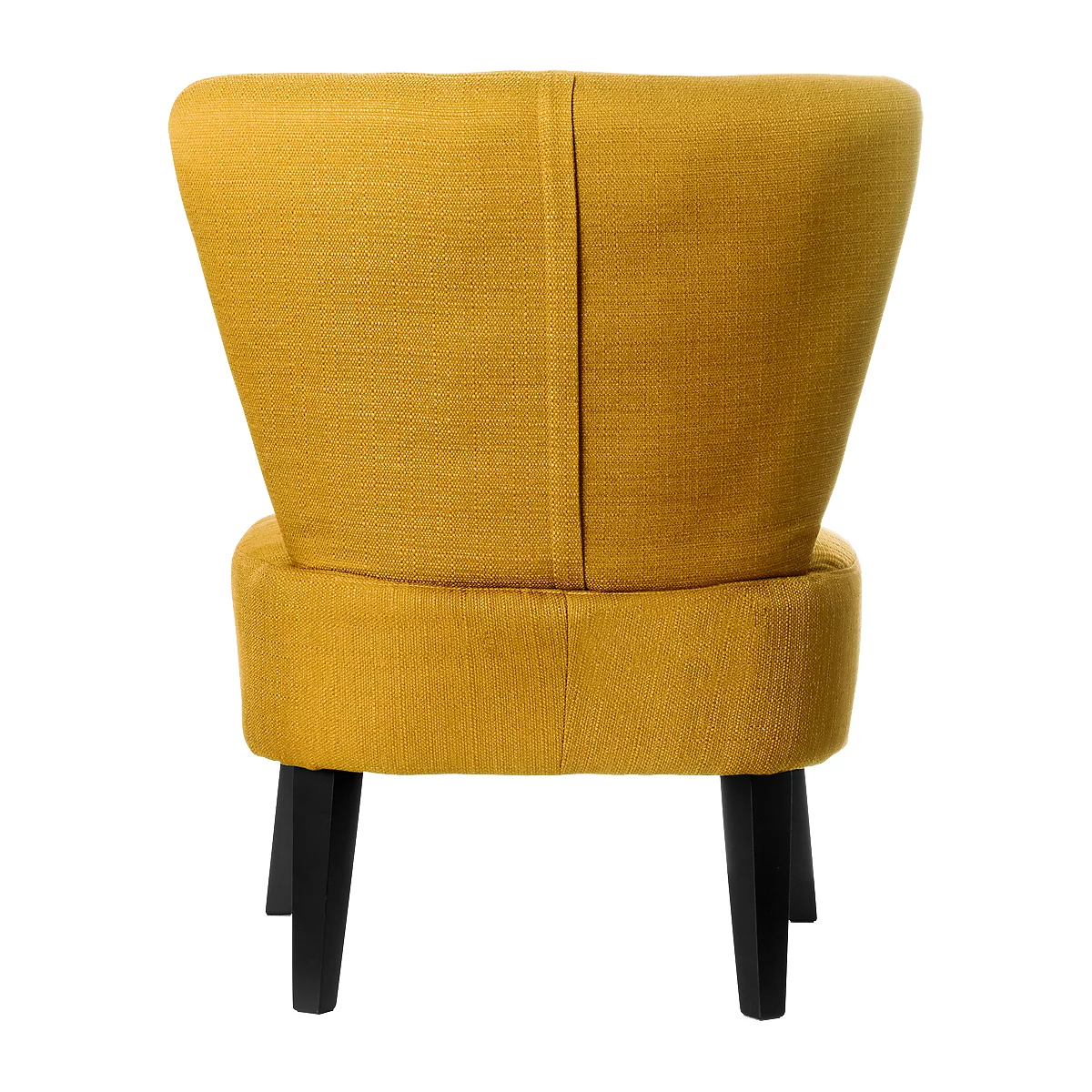 Sillón amarillo, vista trasera. Patas negras, tapicería de tela con costura vertical.