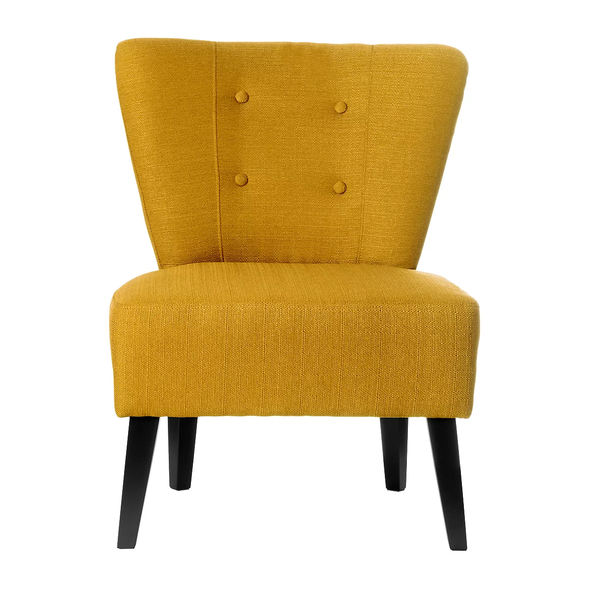 Silla de tela amarilla con patas negras; respaldo con botones. Diseño moderno.