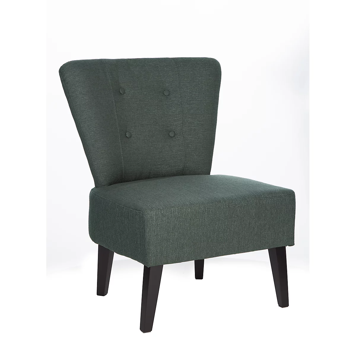 Un sillón verde con patas de madera. El respaldo está ligeramente curvado y decorado con botones.