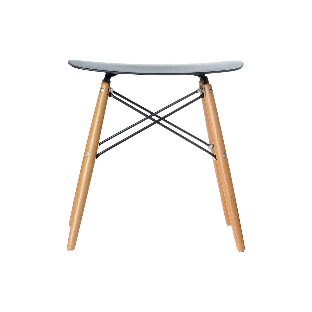 Stool with gray seat and wooden legs, connected by black struts.