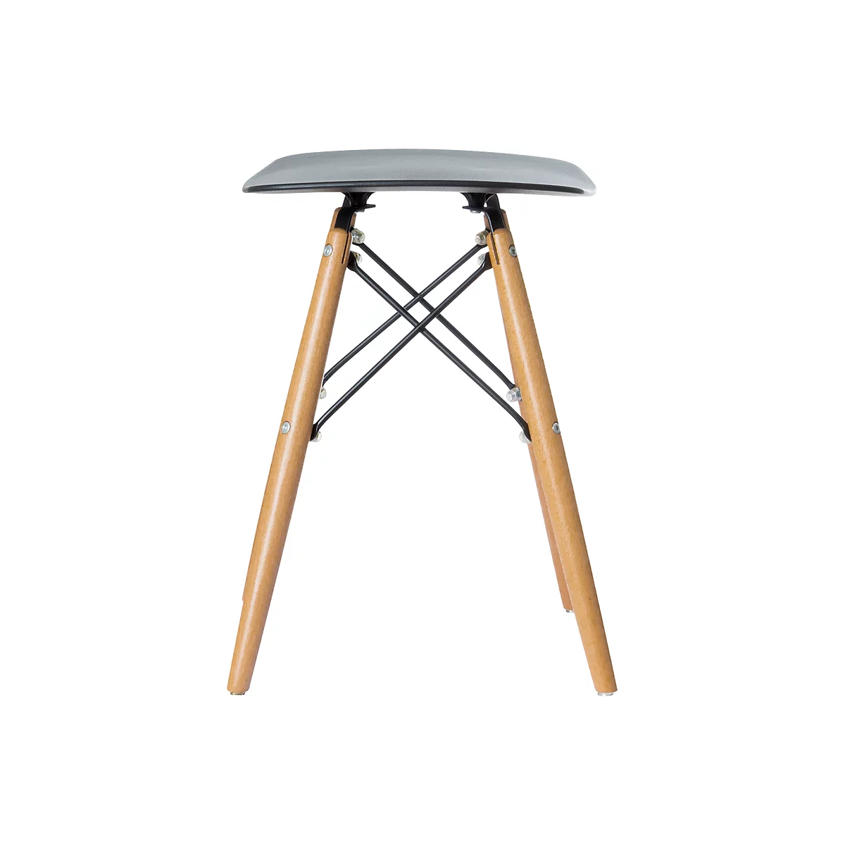 A stool with a gray seat and wooden legs connected by black struts.