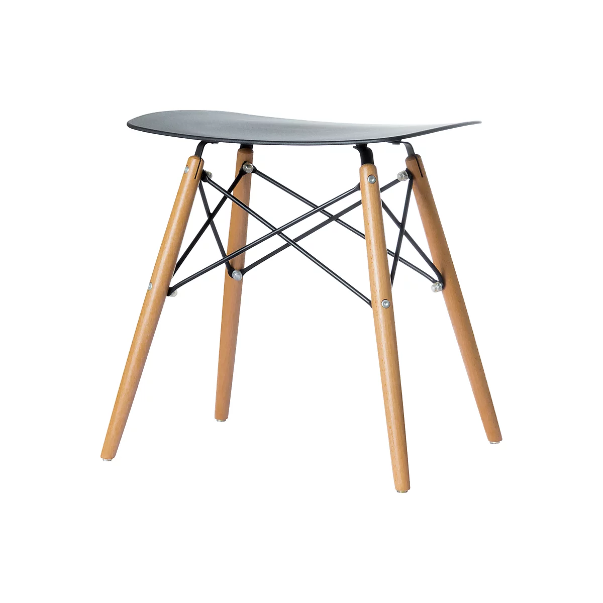 Small stool with grey seat, wooden legs and black strut construction.