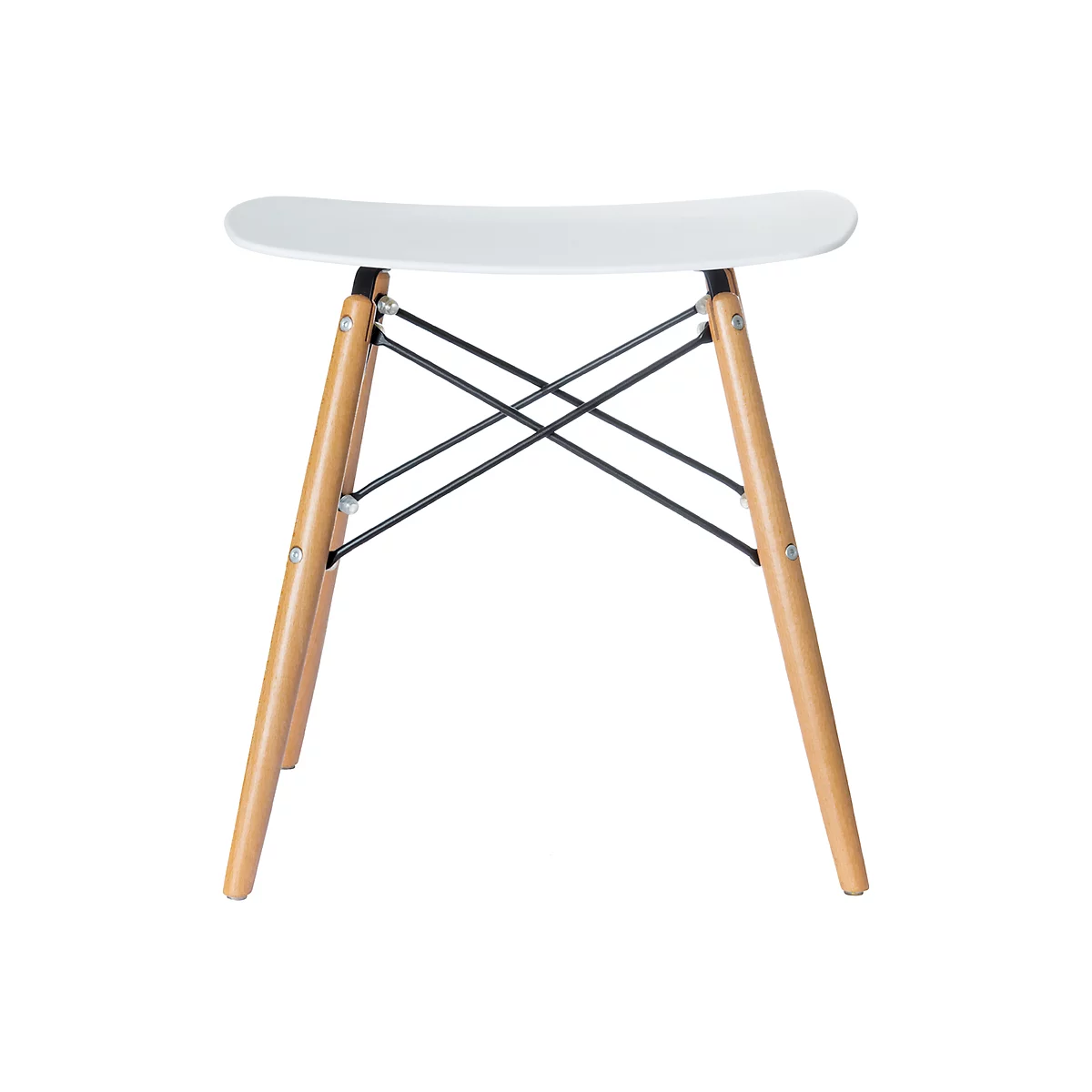 White stool with wooden legs and black struts. The design is modern and minimalist.