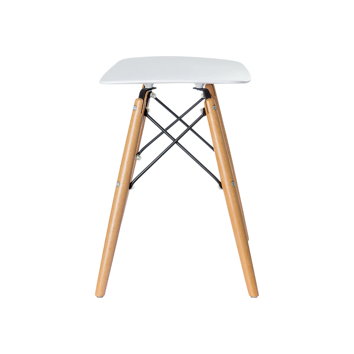 White stool, square-rounded seat, wooden legs, black metal struts.