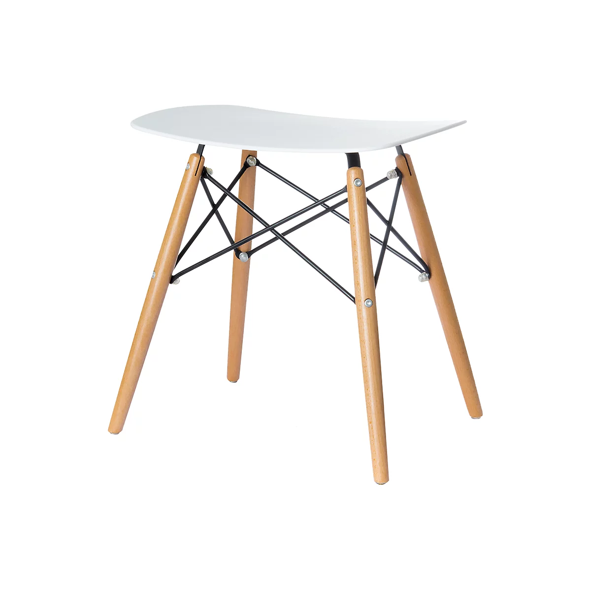 Stool with white seat and wooden legs connected by black metal struts.