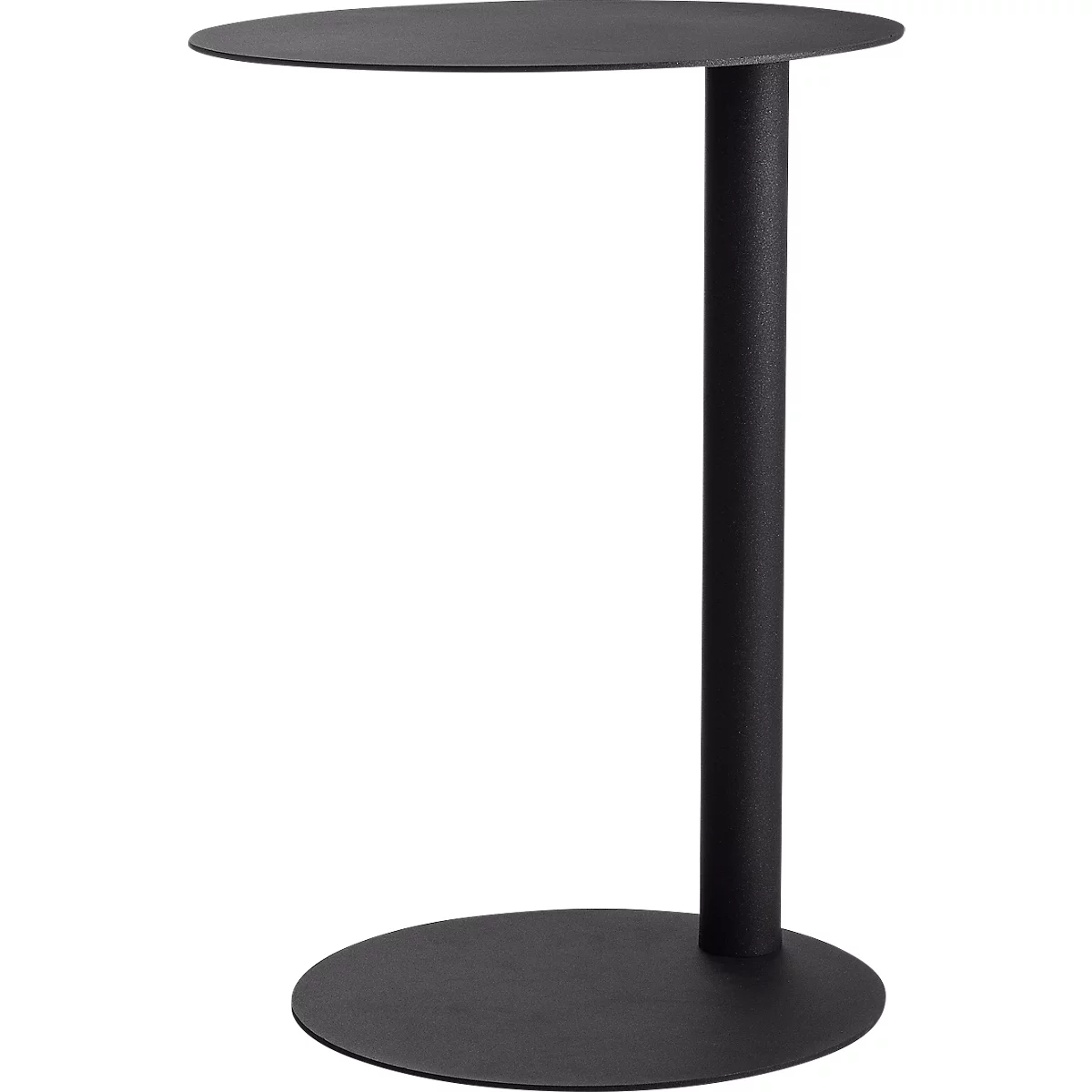 Table d'appoint noire avec une base ronde, un support cylindrique et un plateau rond.