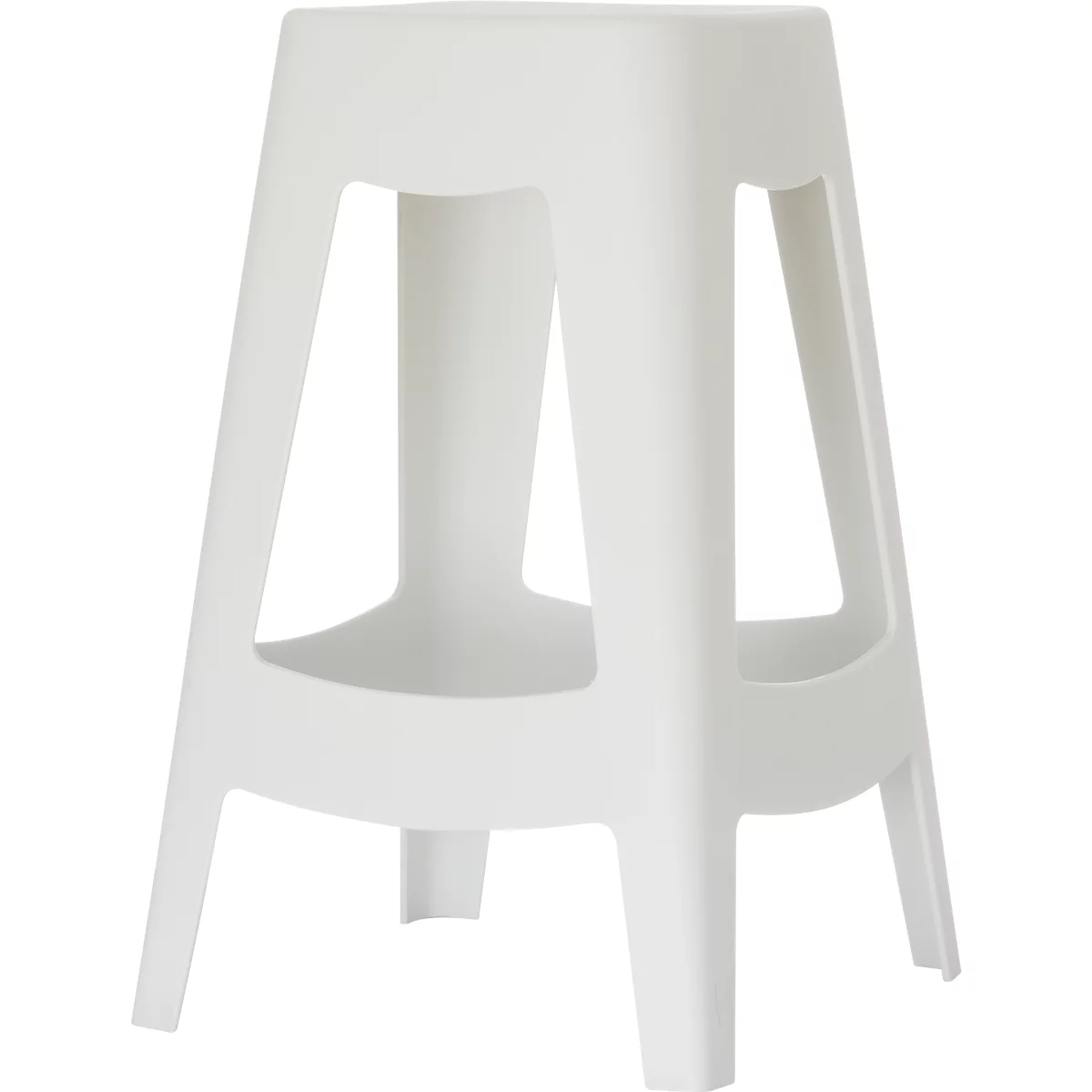 Un tabouret blanc avec quatre pieds et des découpes rectangulaires sur les côtés.