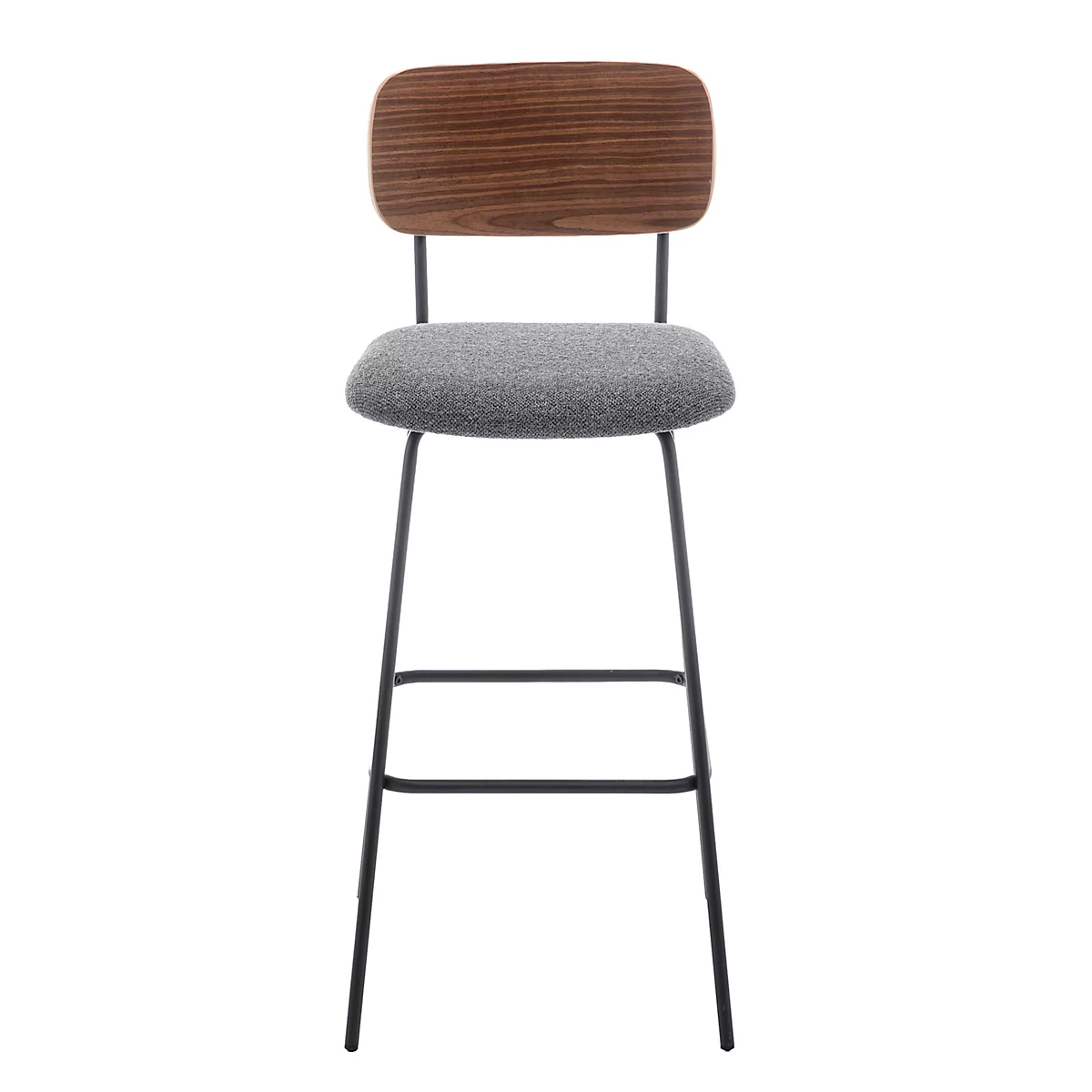 Un tabouret de bar gris avec un dossier en bois et des pieds en métal noir, vue de côté.