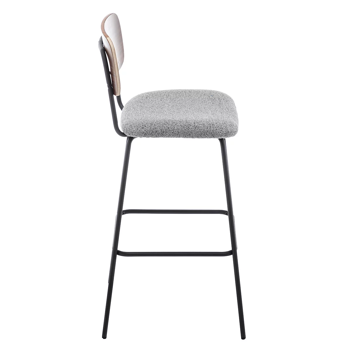 Un tabouret de bar avec une assise grise et un dossier en bois sur fond blanc.